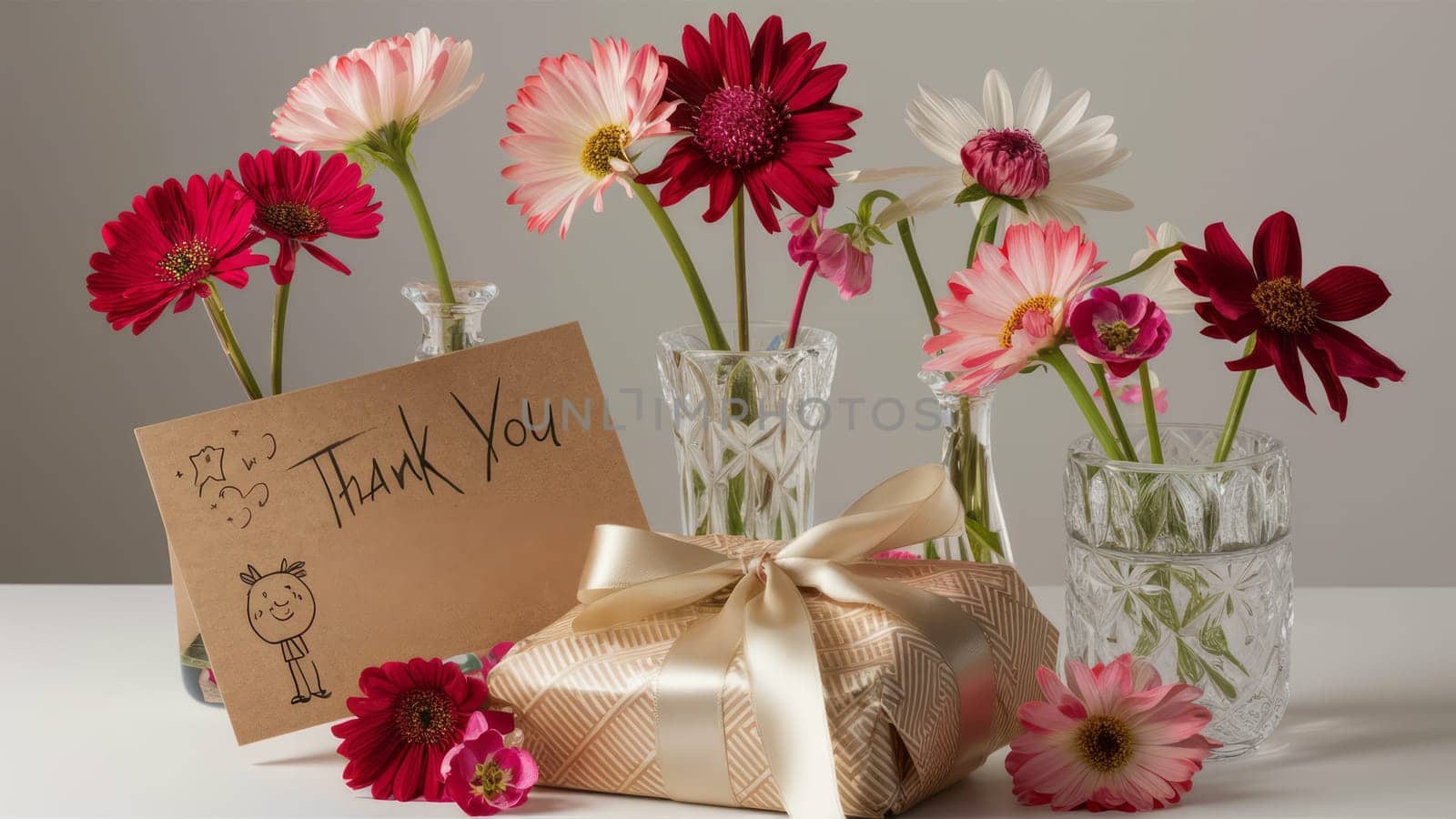 A thank you card displayed with a bouquet of colorful flowers in crystal vases and a gift wrapped with a satin ribbon.