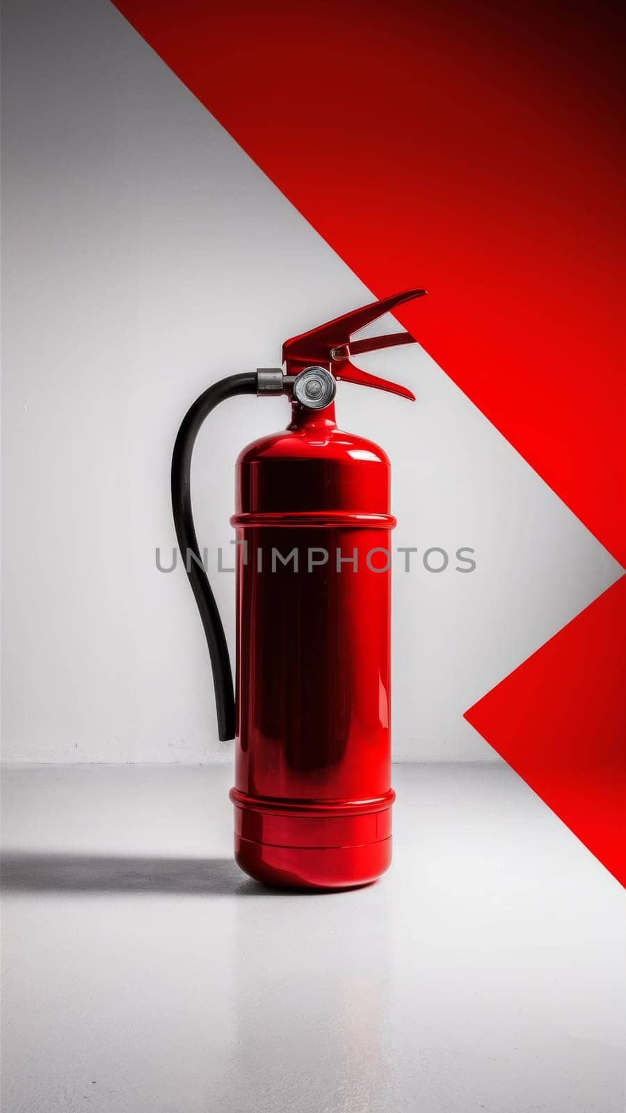 A vibrant red fire extinguisher against a white and red geometric background .Suitable for fire prevention campaigns and emergency preparedness visuals.