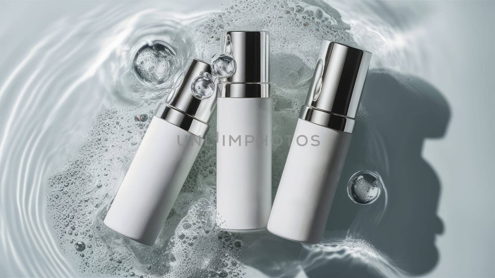 Three sleek skincare bottles immersed in water surrounded by bubbles create a fresh and clean visual image.mockup