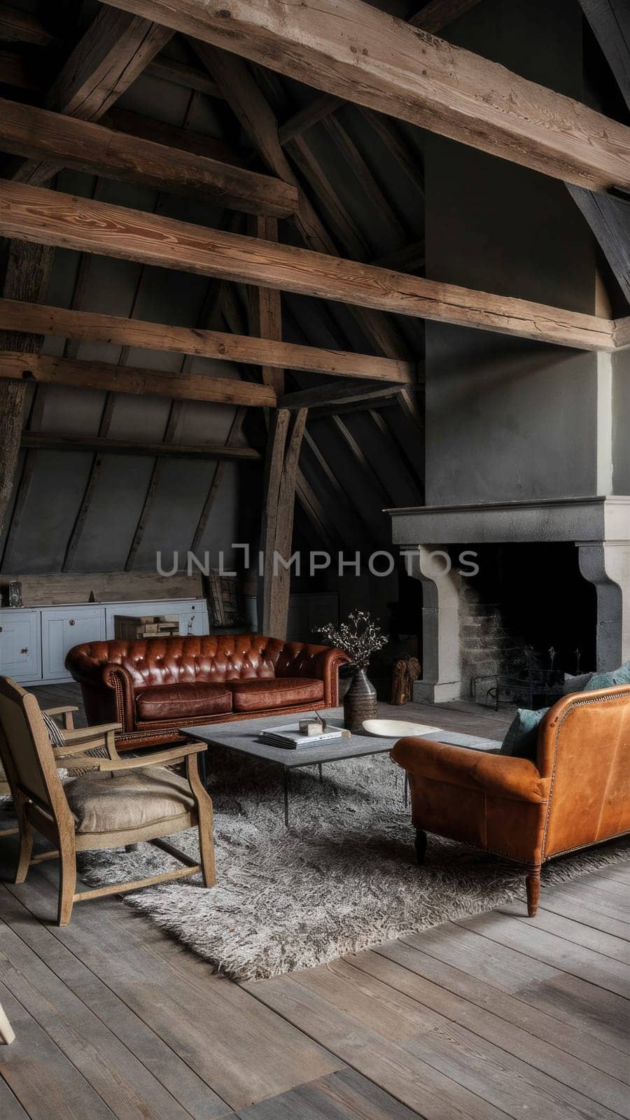 A cozy rustic living room with wooden beams, leather sofas, and a stone fireplace, creating a warm and inviting atmosphere. Rustic decor elements.