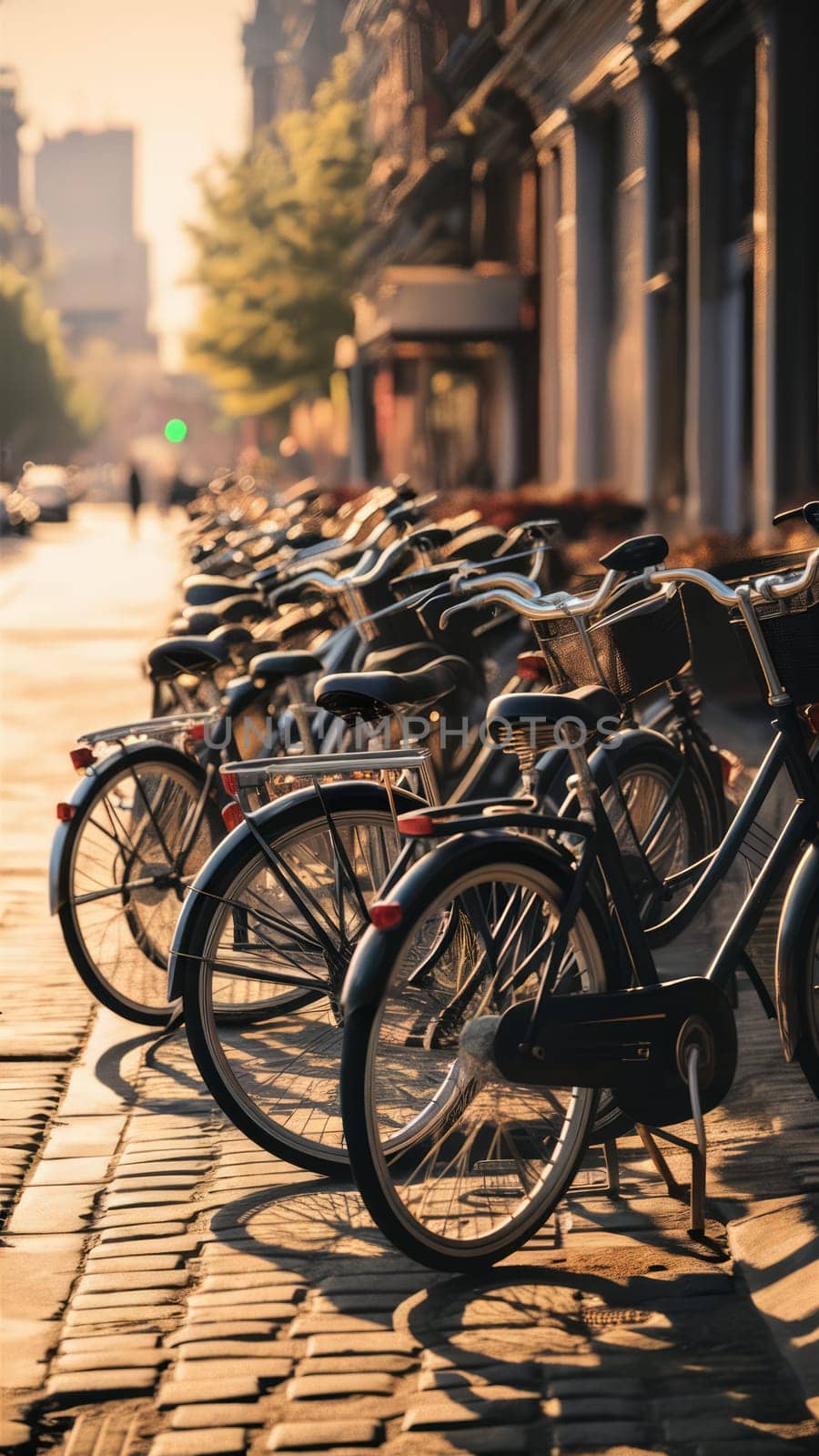 A row of bicycles parked on a sunny street in an urban area, with a warm golden glow illuminating the scene.Suitable for urban lifestyles and eco-friendly content.