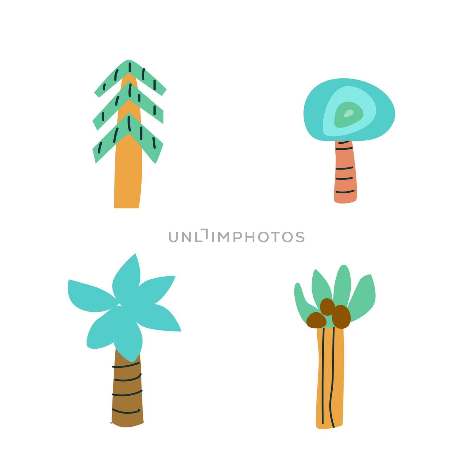 Cute childrens floral elements set. Tropical and scandinavian tree collection. Palms and christmas tree in childish style. Naive doodle floral set for poster, pattern, greeting card.