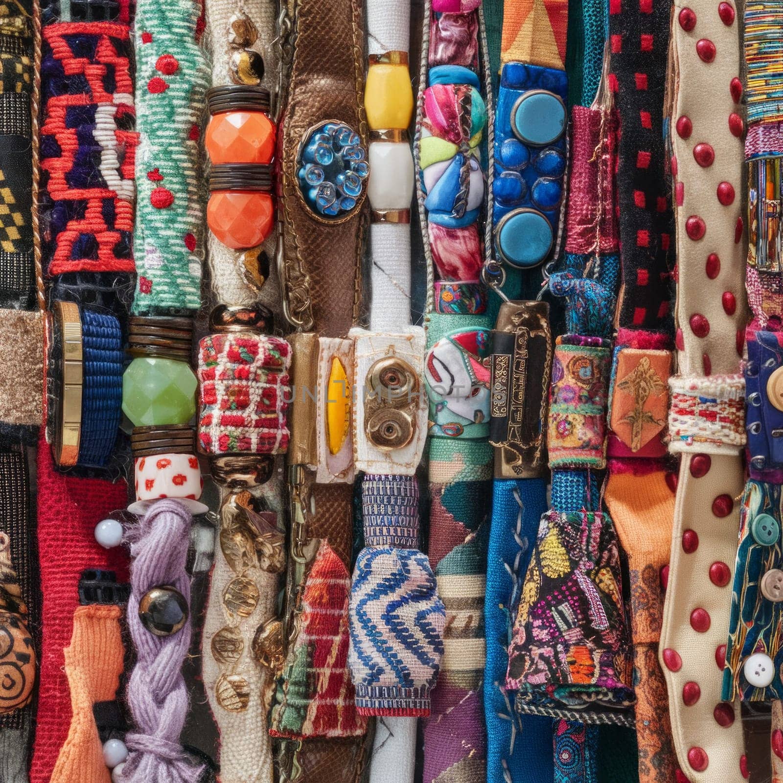 Close-up of an eclectic display of fabric and bead jewelry, showcasing various textures, colors, and intricate designs.