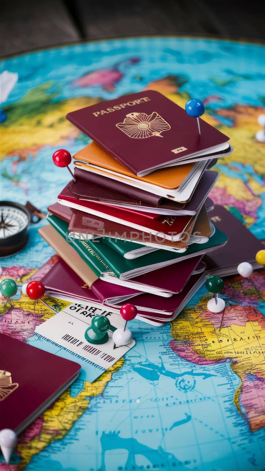 A stack of colorful passports stacked on a world map with location markers and a compass symbolizing world travel and exploration.