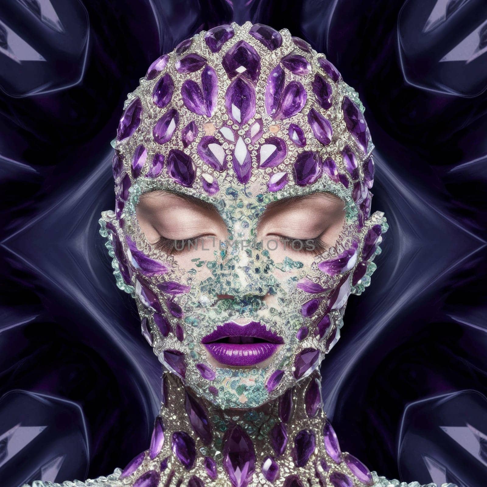A striking portrait of a woman's face covered in purple and silver gemstones, with her eyes closed, against a dark background reminiscent of gemstones, creates a sense of surreal and ethereal origin