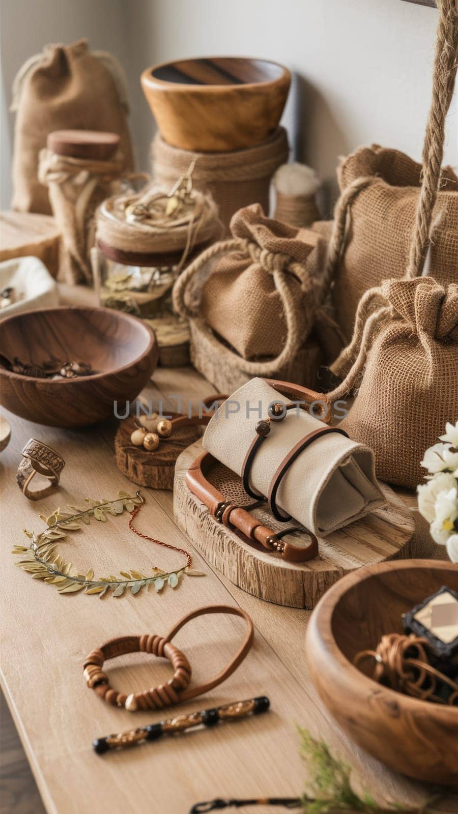 A rustic display of wooden jewelry and crafts, featuring bowls, bracelets, and burlap bags on a wooden table. Earthy and natural aesthetic.