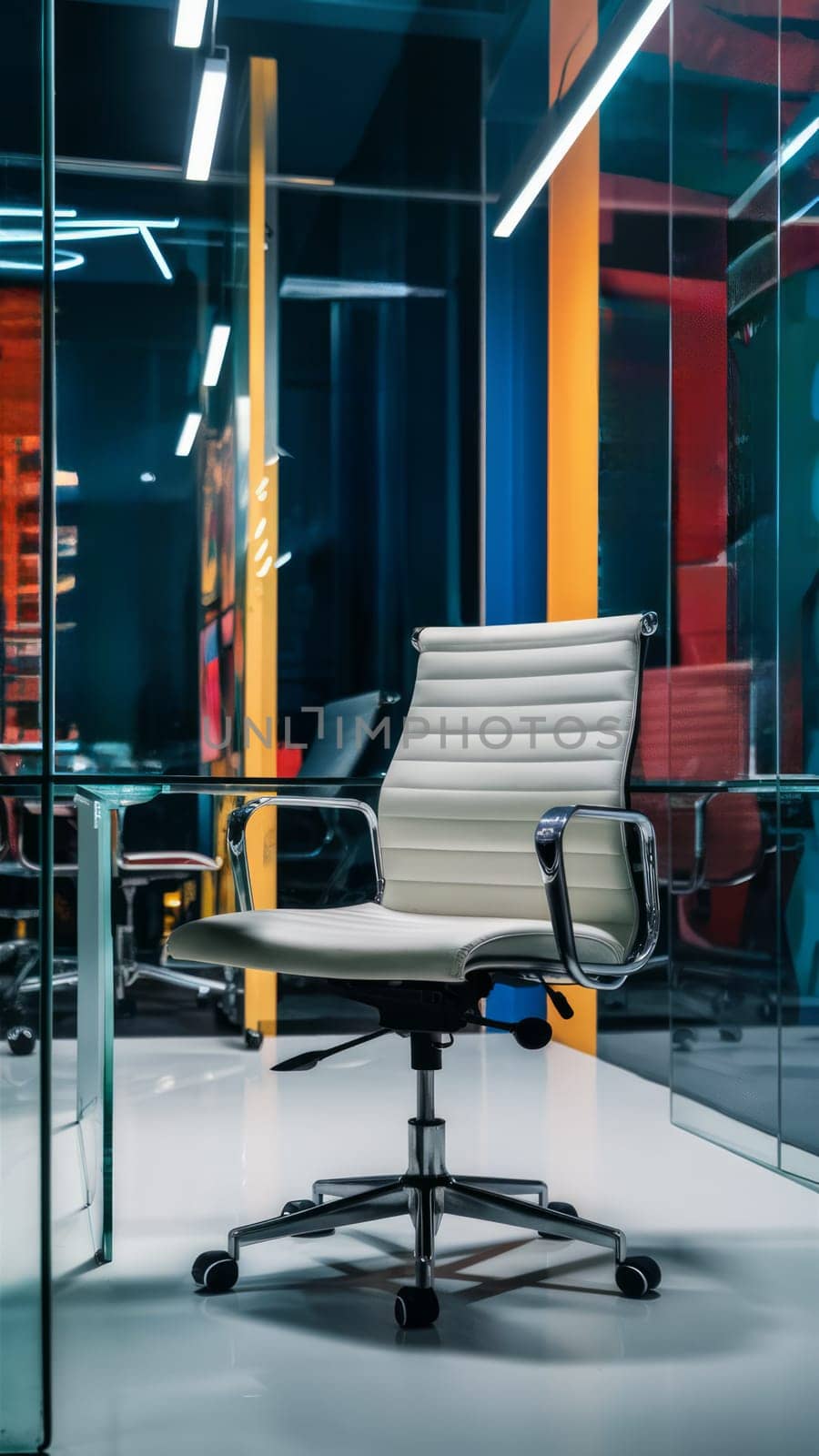 A sleek, white office chair in a colorful, contemporary workspace with glass walls and modern lighting.