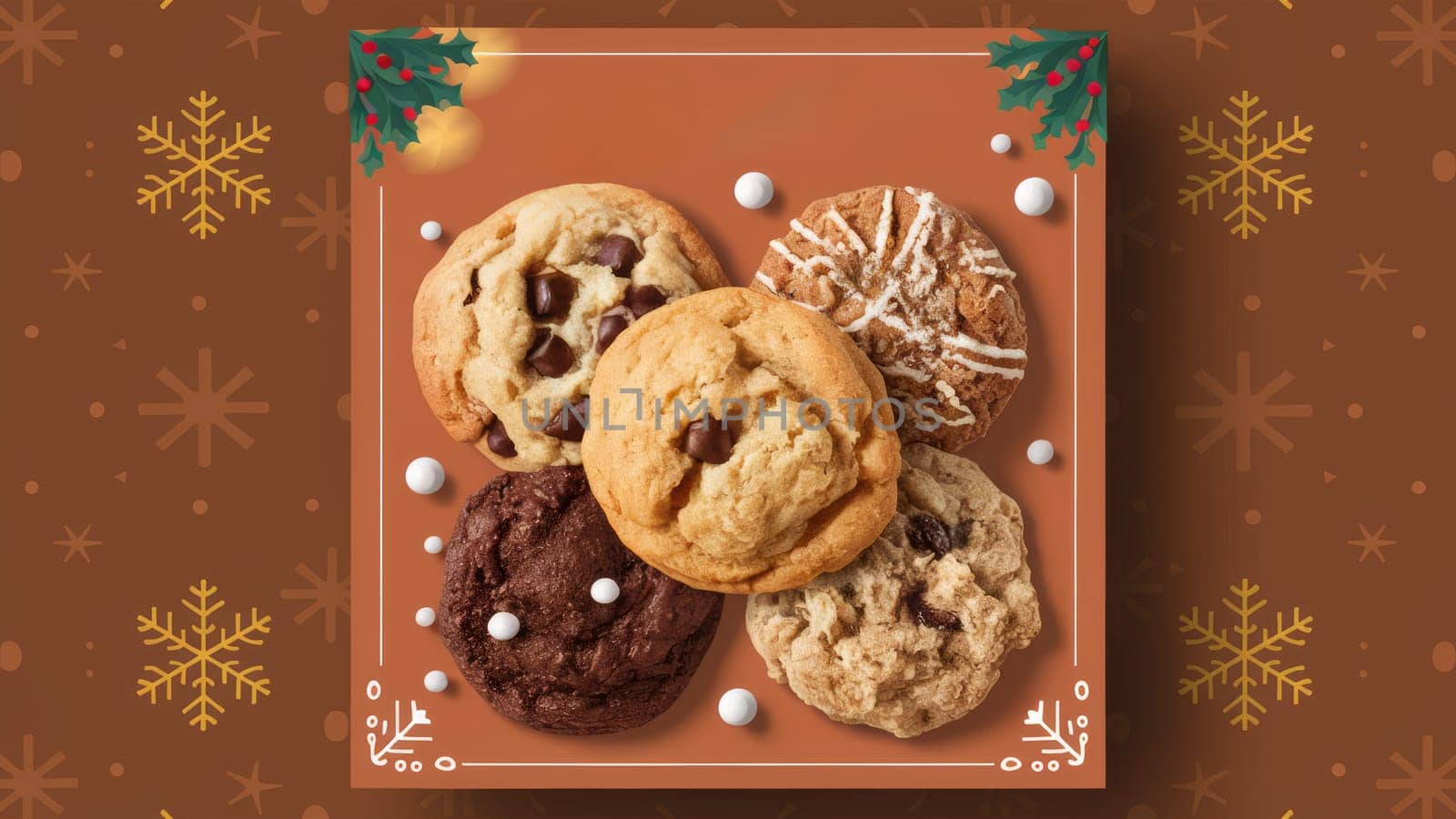 An assortment of festive holiday cookies arranged on a plate with a decorative background featuring snowflakes and holly. Christmas-themed content.