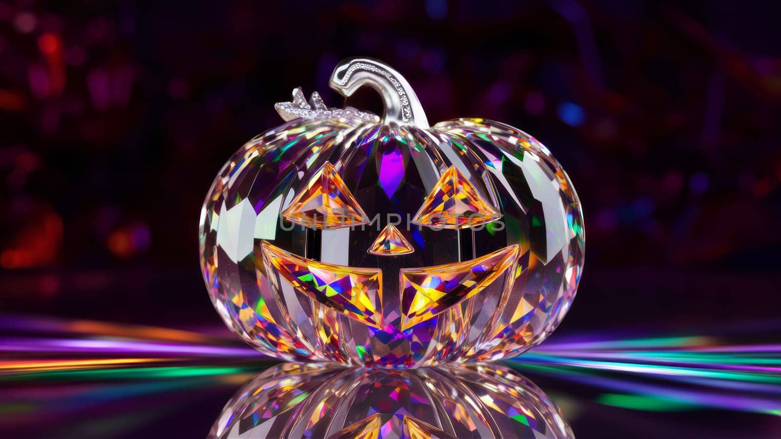 A sparkling crystal jack o lantern with a prismatic effect, glowing in vibrant colors against a dark background. Halloween and holiday-themed content.