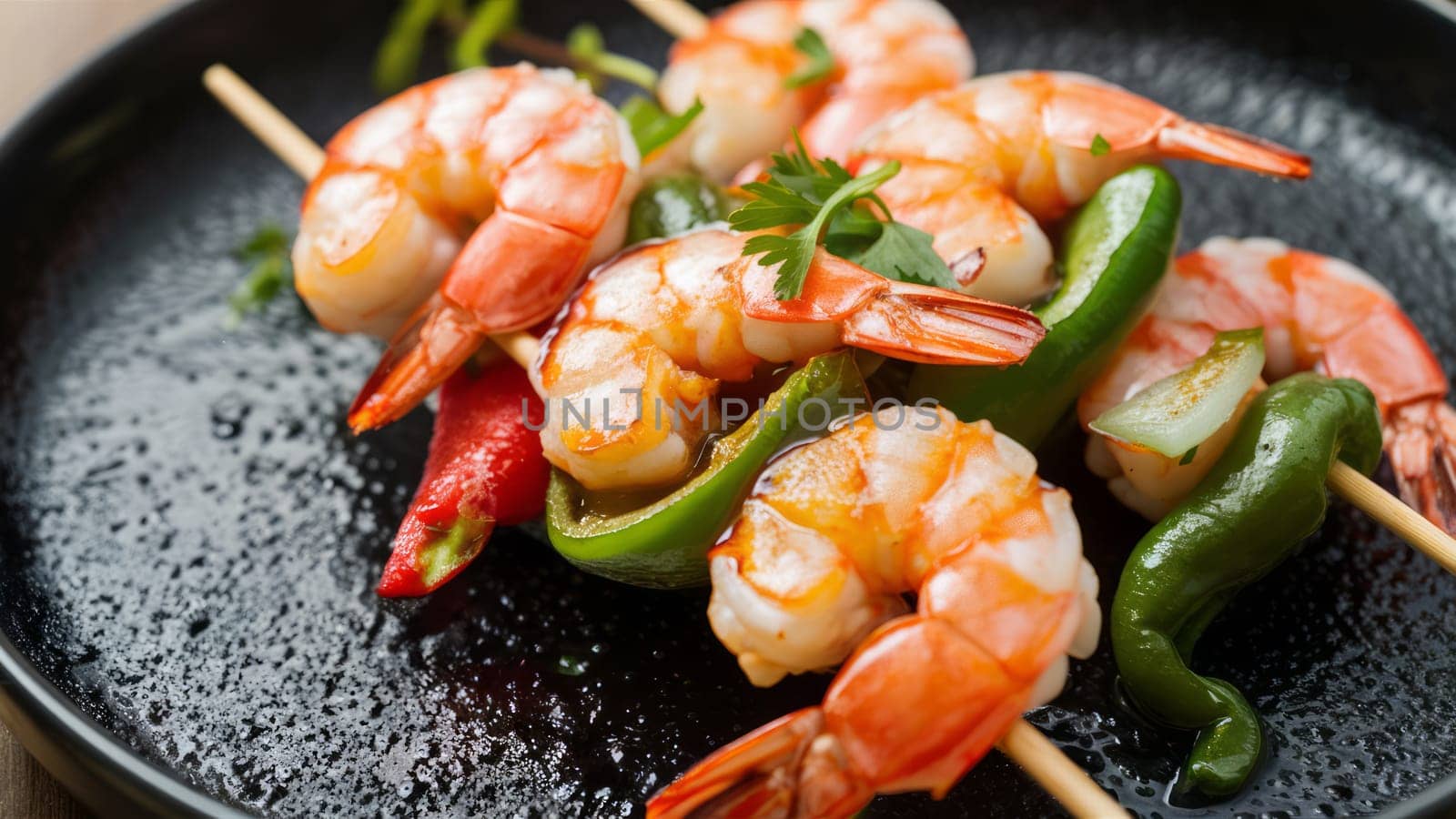 Close-up of grilled shrimp skewers with bell peppers on a black plate, garnished with fresh herbs. culinary content, restaurant promotions
