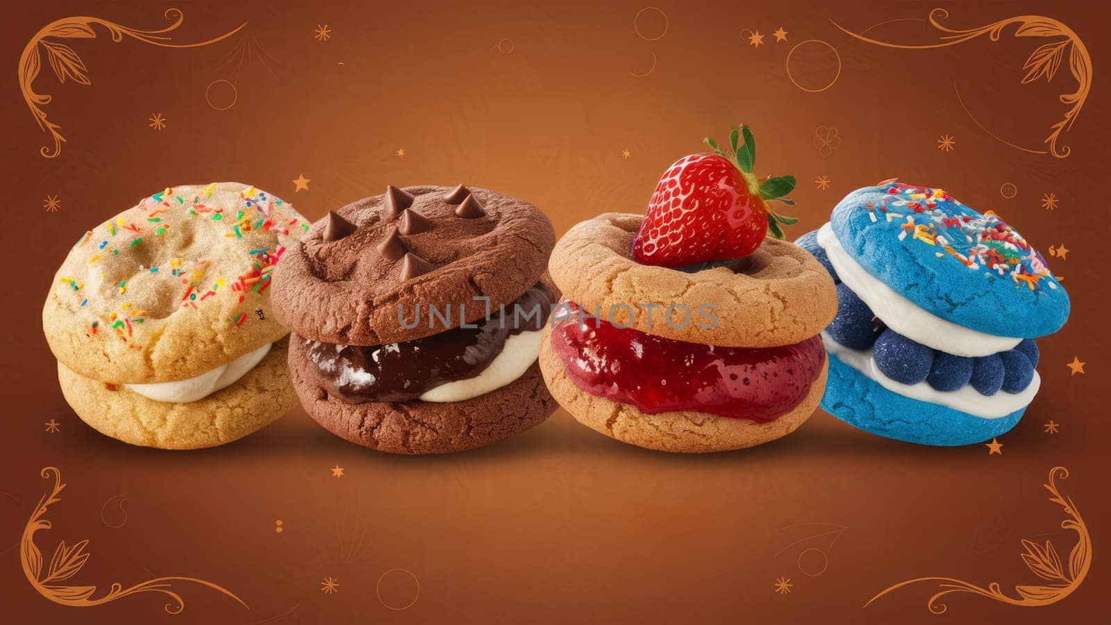 A delicious assortment of cookie sandwiches featuring various flavors and vibrant colors, including chocolate, vanilla, strawberry, and blueberry fillings.