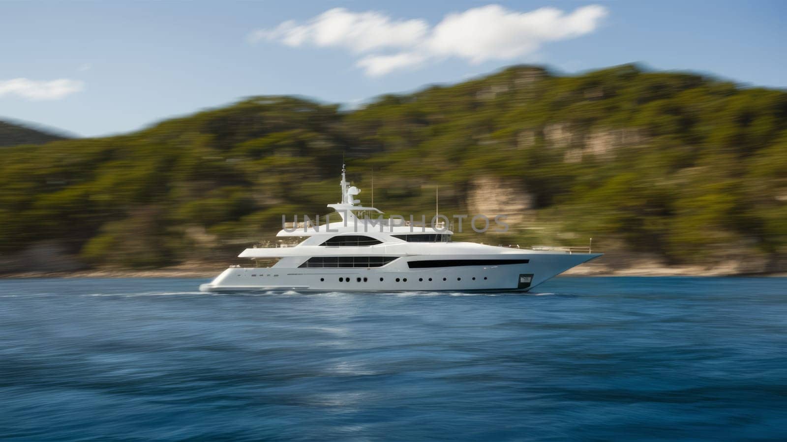 A sleek, white yacht cruising on calm waters against a backdrop of lush green hills and clear blue sky, showcasing luxury travel.lifestyle content