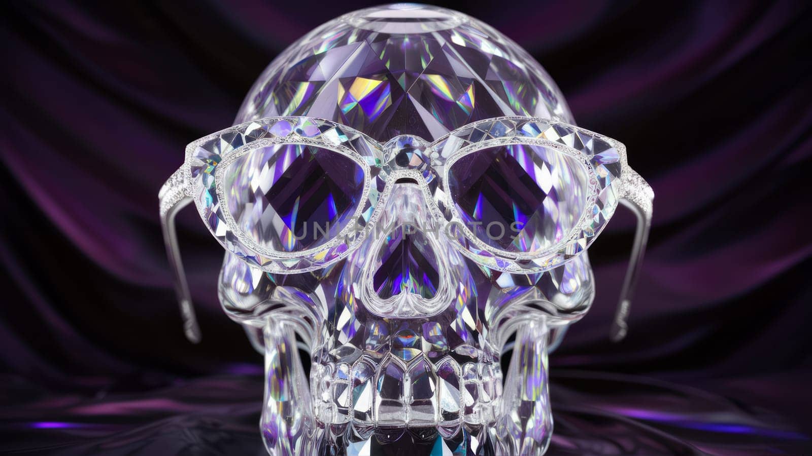 Crystal skull decorated with glasses on dark velvet background. halloween content