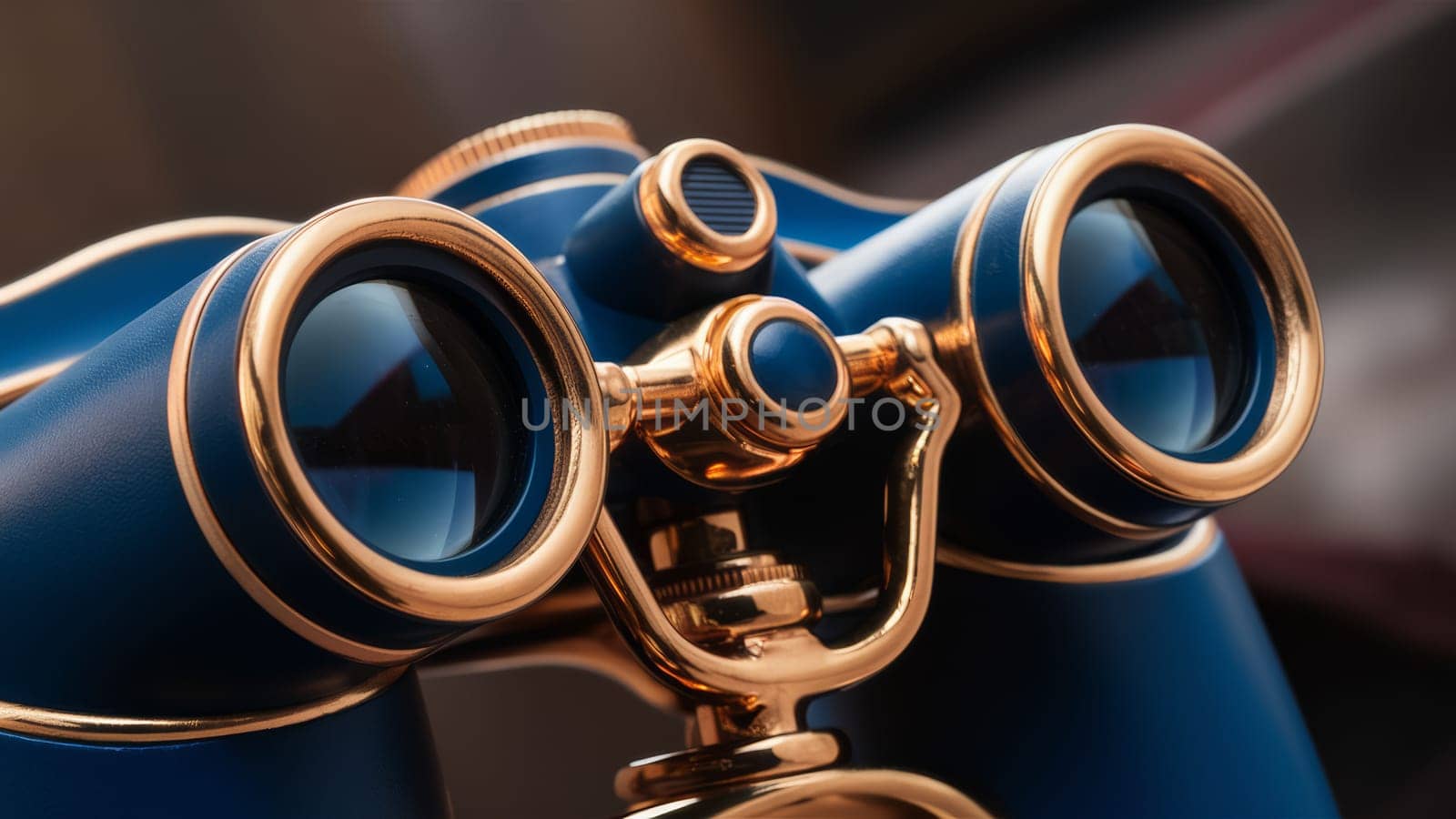 Close-up of stylish blue and gold binoculars, showcasing luxurious details and craftsmanship. Perfect for advertisements, luxury goods promotions, and travel blogs.