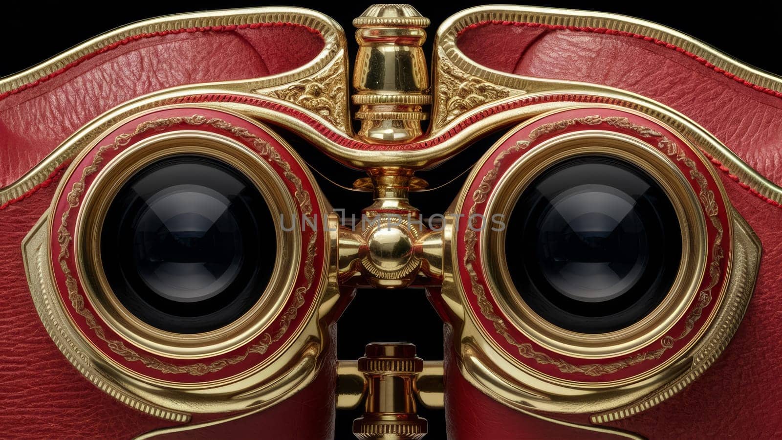 Close-up of ornate red and gold opera glasses with intricate detailing, showcasing luxurious craftsmanship. AI-generated.