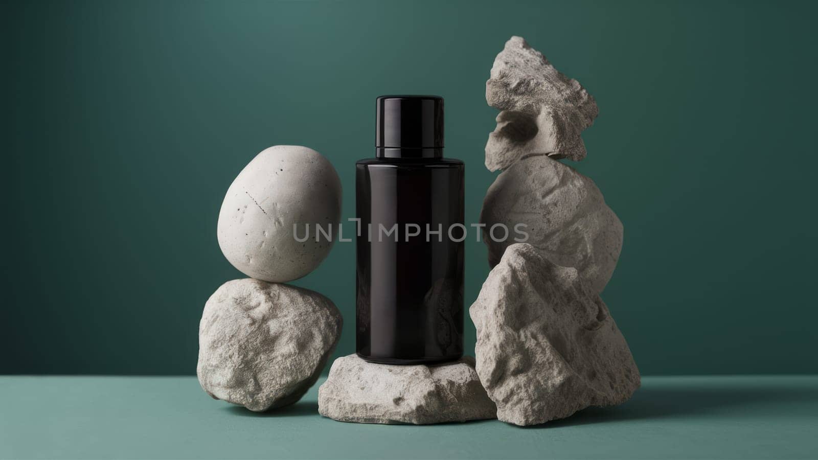 A sophisticated black skincare bottle is showcased amid a natural stone arrangement on a green background,minimalist aesthetic.Suitable for eco-friendly beauty product promotions