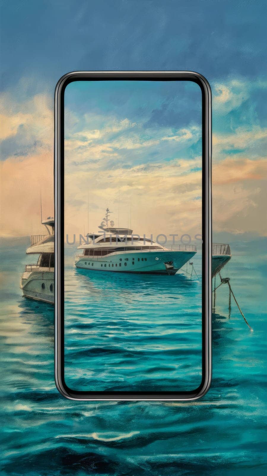 A luxury yacht seen through a smartphone frame, combining technology with a serene seascape. Suitable for technology promotions, travel promotions, and modern lifestyle content.