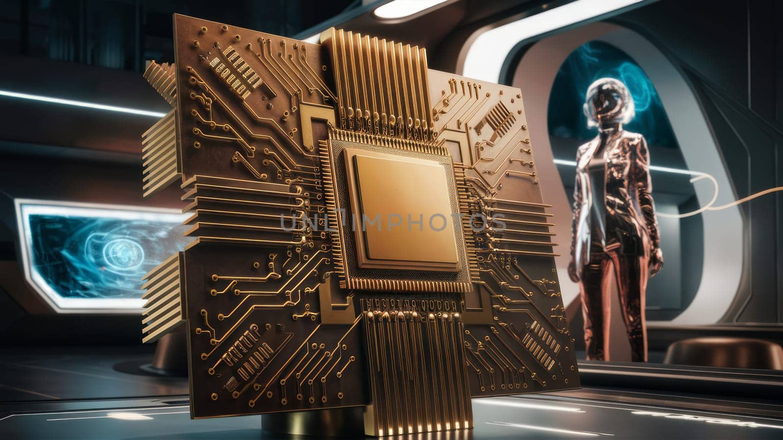 Futuristic Board Design featured in a high-tech environment with a sleek design and a figure in the background. Suitable for technology and innovation content and futuristic design concepts.