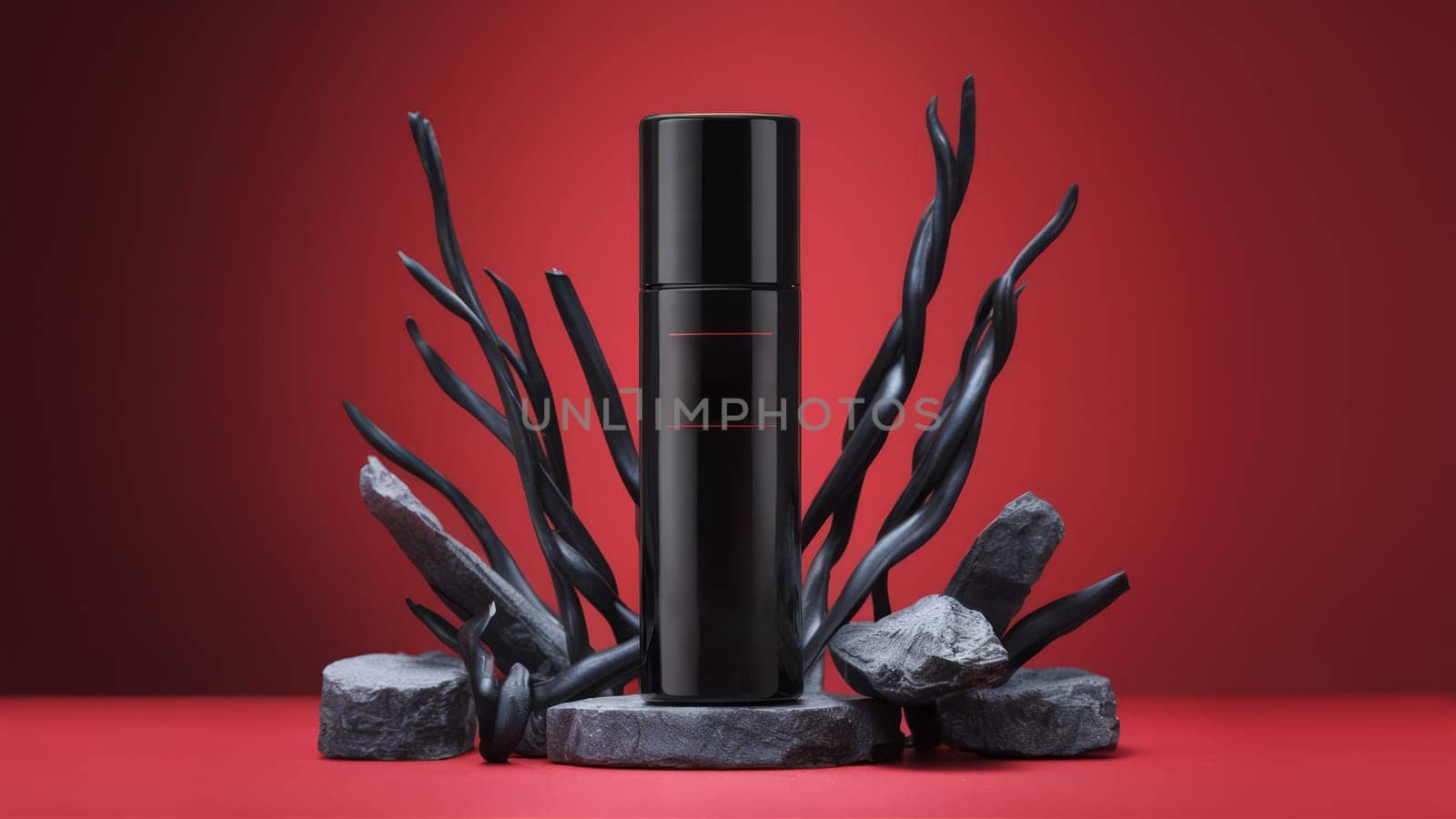 A sleek black skincare bottle is artfully displayed against a striking red background, surrounded by black stones and twisted branches.Suitable for beauty product promotions and modern design content
