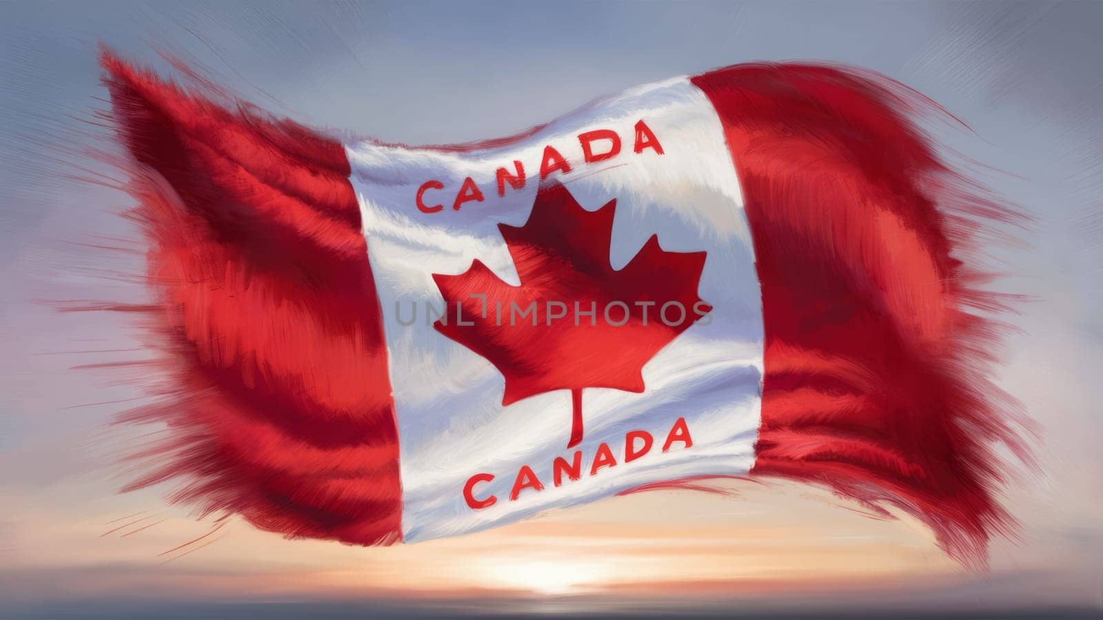 An artistic rendition of the Canadian flag waving in the wind, featuring a vibrant red maple leaf and the word ,Canada, against a dynamic sky backdrop.