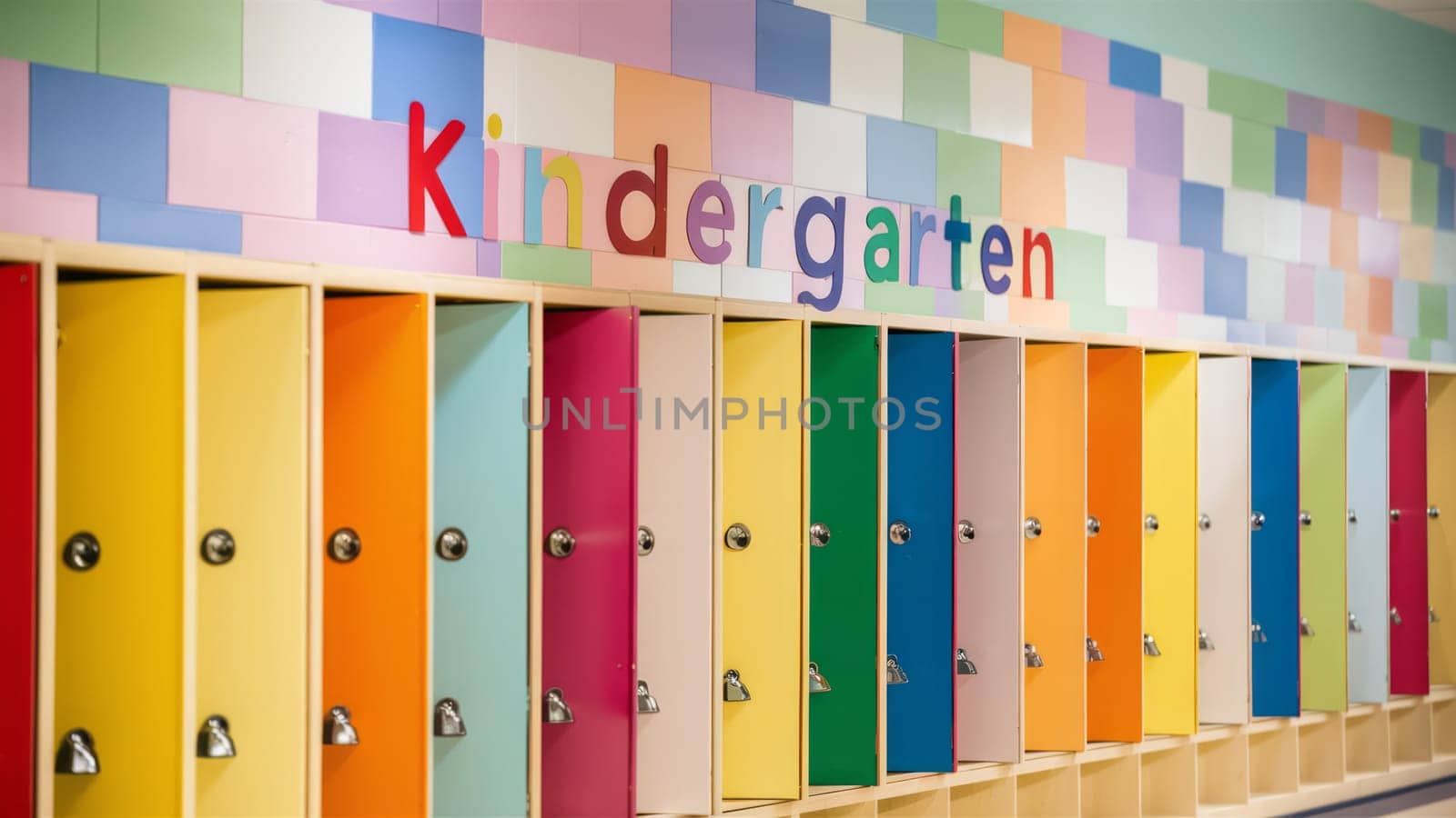 A row of colorful lockers in a kindergarten with a vibrant wall displaying the word ,Kindergarten, in multicolored letters