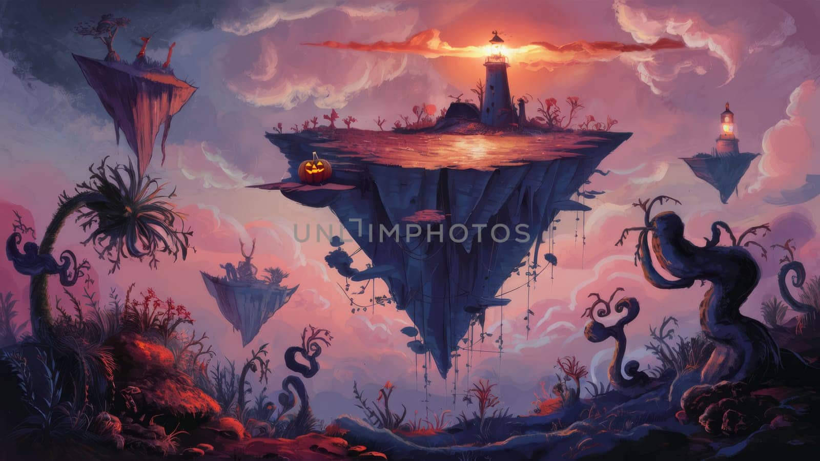 Surreal landscape with floating islands, lighthouses, and glowing jack-o-lantern at sunset. The scene combines elements of fantasy and Halloween.Halloween-themed content