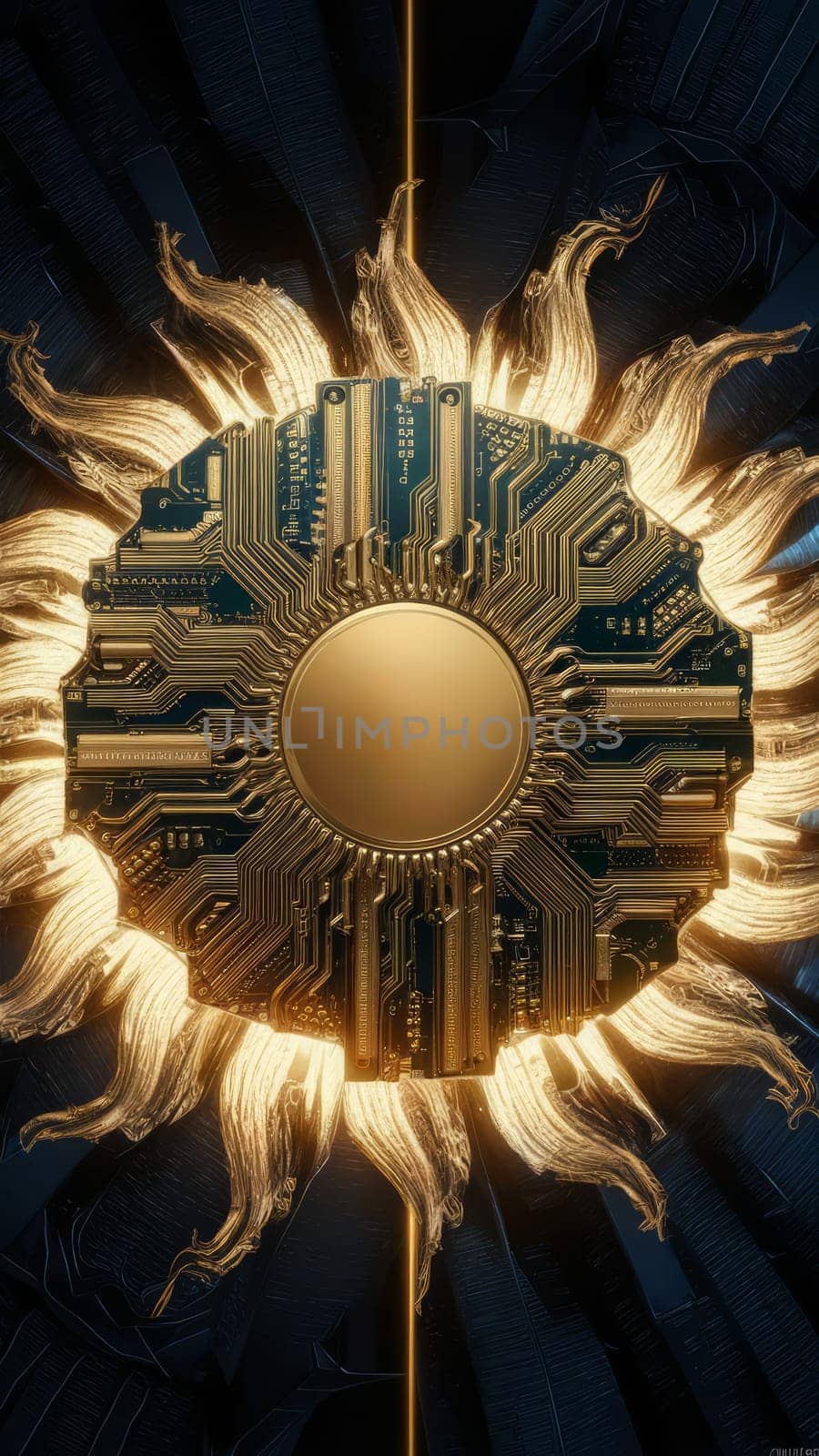 A glowing circuit board arranged in a sunburst design, with golden and electronic elements radiating from the center.