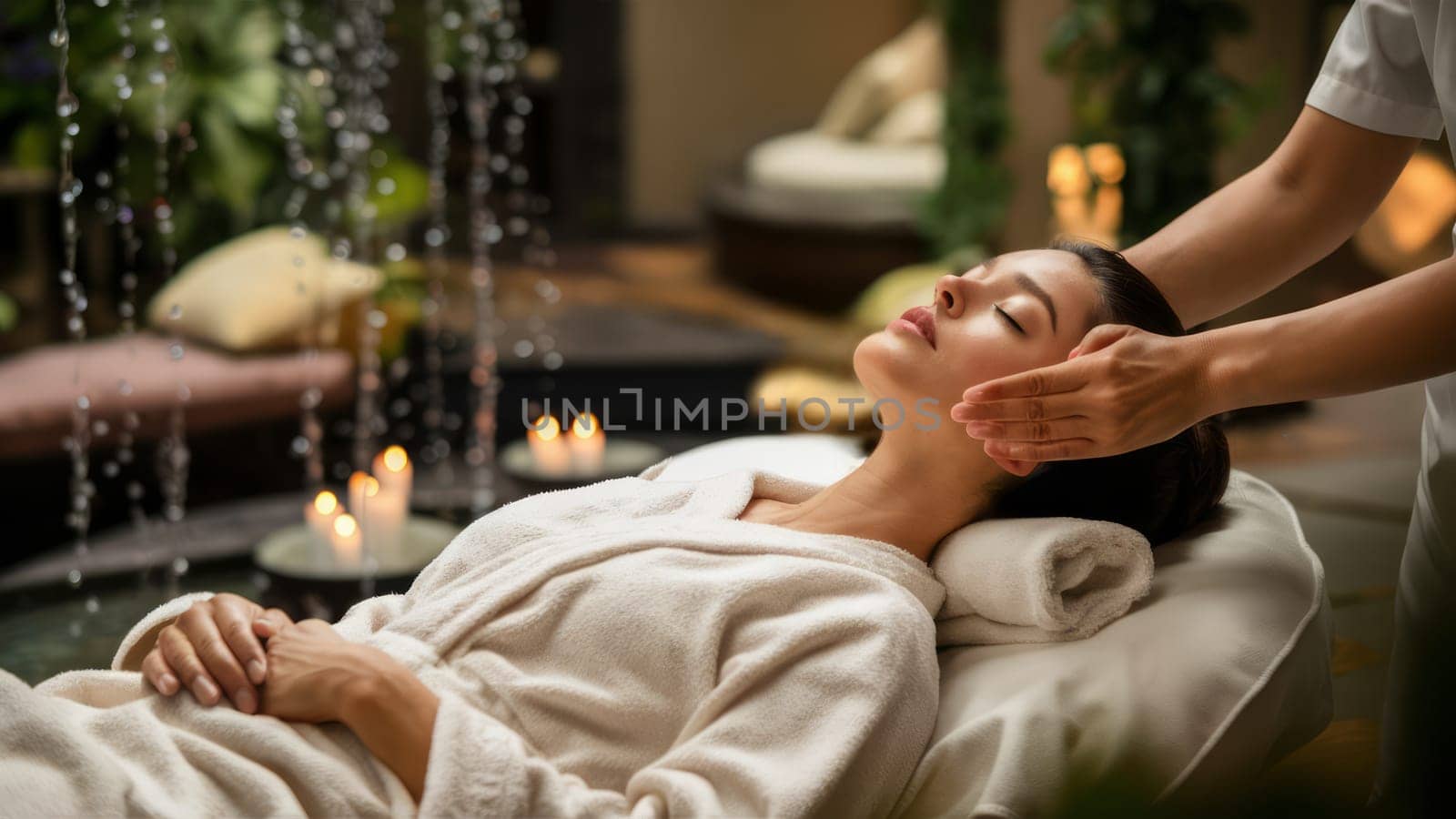 A woman in a white robe receiving a calming facial massage in a serene spa environment with candles and greenery in the background.spa advertisements, and beauty therapy content.
