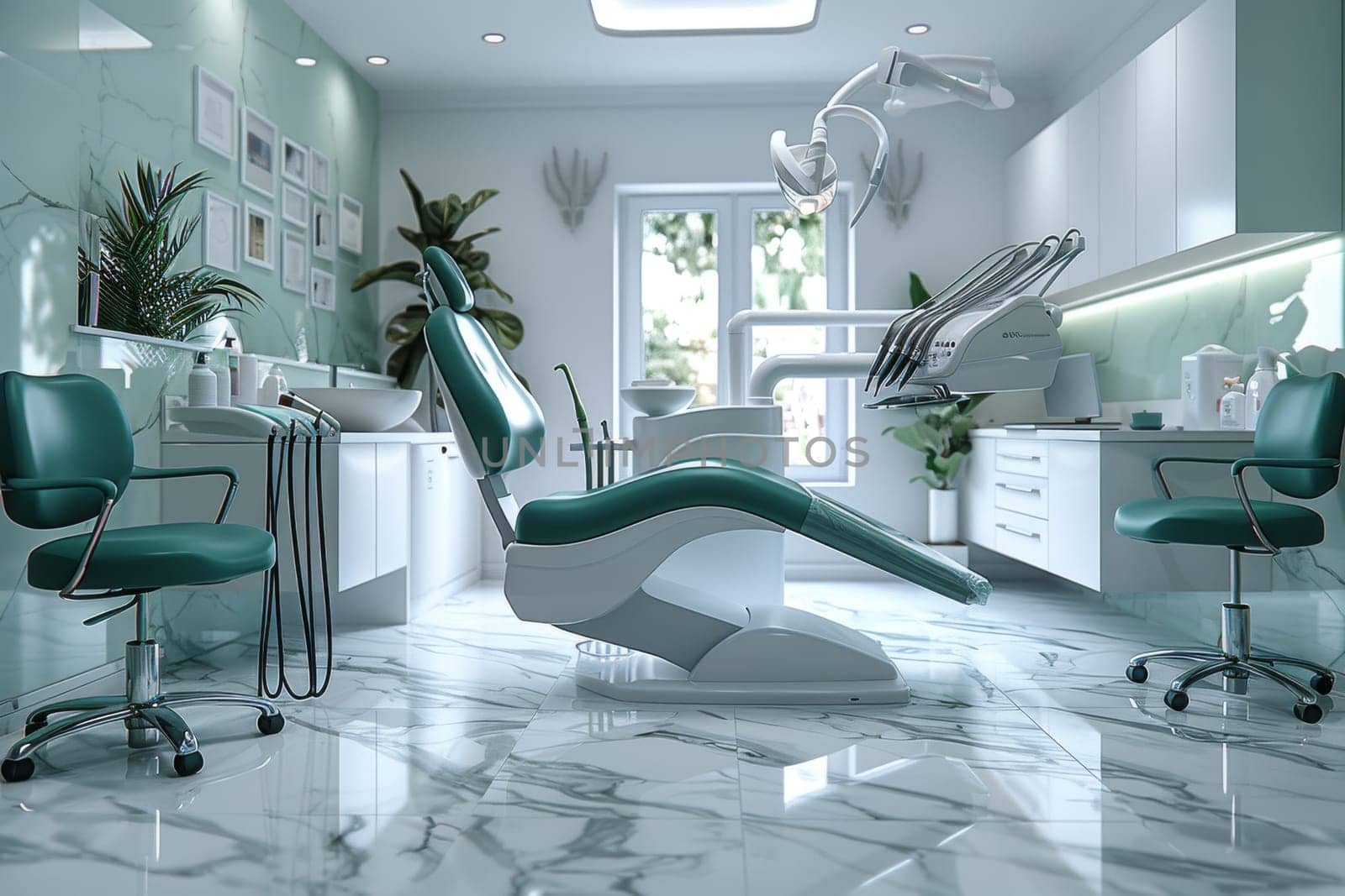 A stylish dentists office featuring a comfortable chair, a modern desk for consultations, and green plants adding a touch of nature to the space.