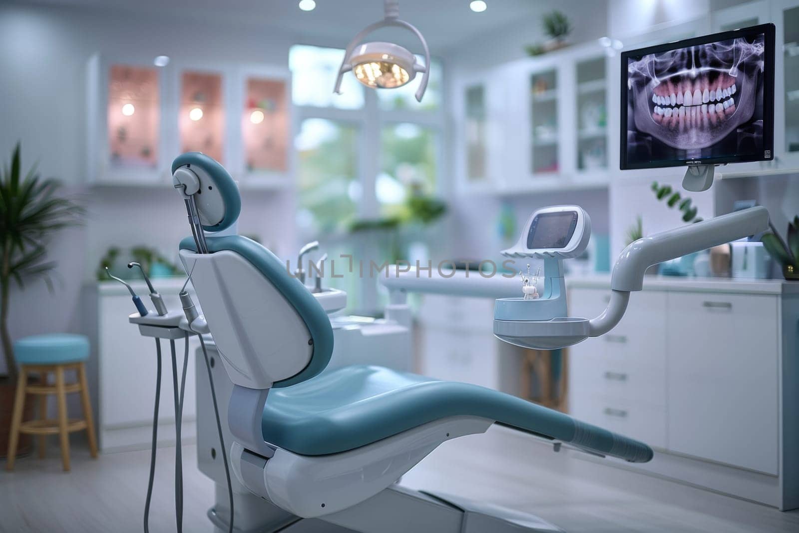 A bustling dentists office filled with state-of-the-art dental equipment, including X-ray machines and tools for examinations and repairs. The atmosphere is a mix of professionalism and comfort, with patients receiving top-notch oral care.