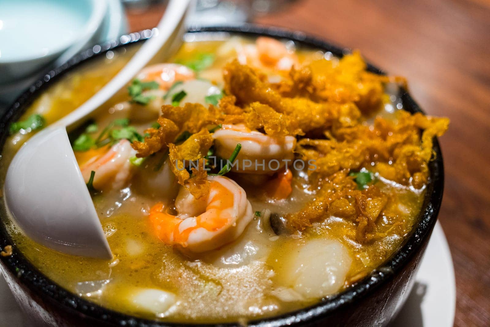 Seafood bowl with deep fried egg
