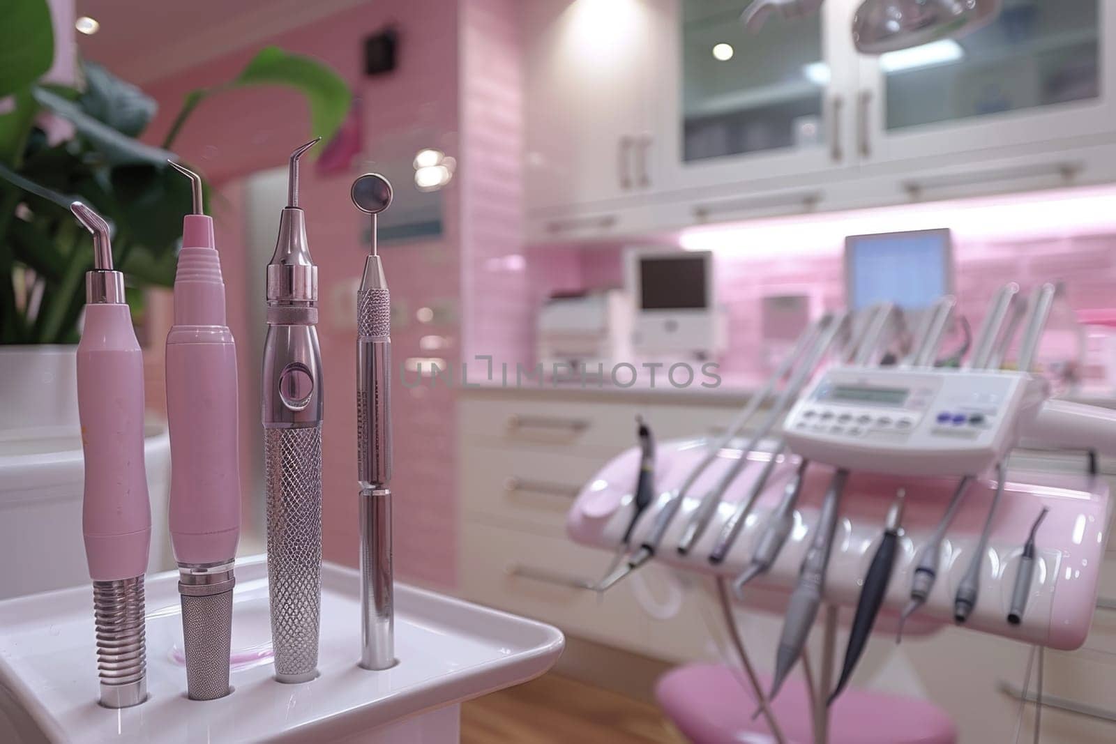 In a bright pink room, a display showcases various dental equipment used in examinations and repair of teeth. Among the items are an X-ray machine, dental drills, cleaning tools, and examination chairs.