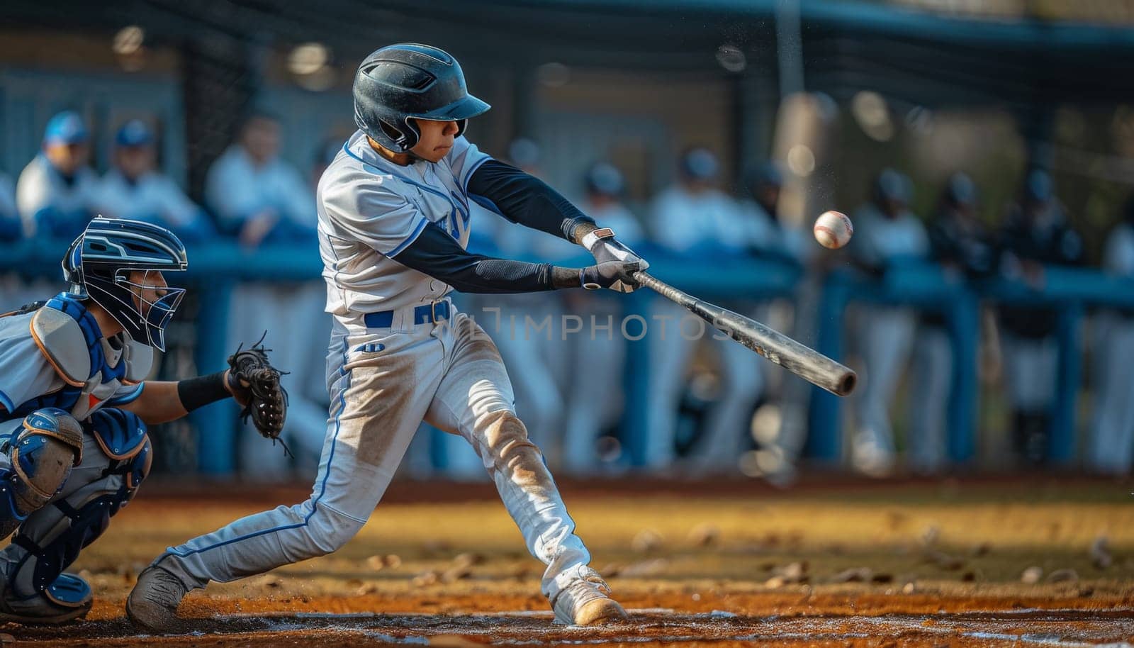 A baseball player, focused and determined, swings his bat with all his might, aiming to hit the ball soaring through the air. The catcher is in position, ready to react. The image captures the thrill of the game and the raw power of the athlete.