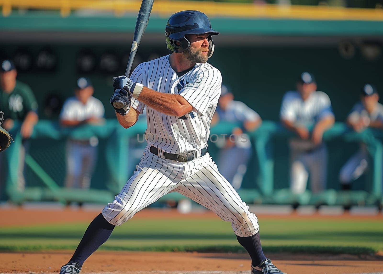 A baseball player in a white pinstripe uniform stands in the batters box, focusing intently on the pitcher as he prepares to swing. The bright sunlight illuminates the field and the players determined expression, highlighting the intensity of the moment.