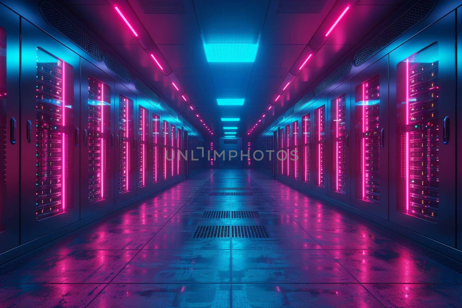 A mesmerizing display of rows of servers in a data center, bathed in neon lights that create a futuristic and artistic ambiance. The servers hum with activity, as unseen occupants work diligently to ensure seamless data processing.
