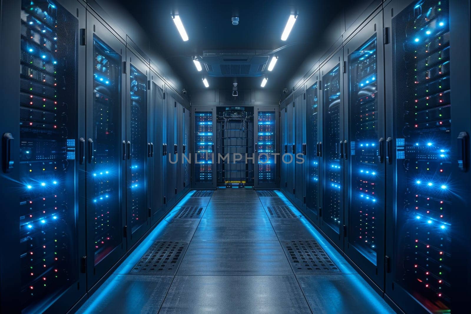 Rows of servers line the expansive data center, bathed in a soothing blue light. The servers stand silently, awaiting commands from the technicians who diligently maintain them.