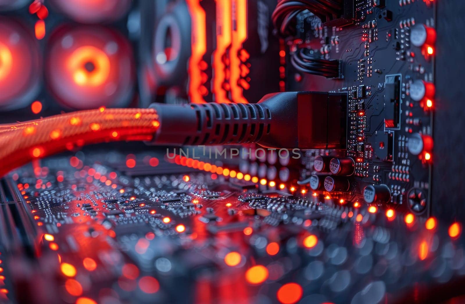 A close-up view reveals a computer motherboard intricately designed with glowing red lights, showcasing the complex circuitry and technology within. Whether in a bustling data center or a serene setting, the motherboard stands as a testament to human innovation.