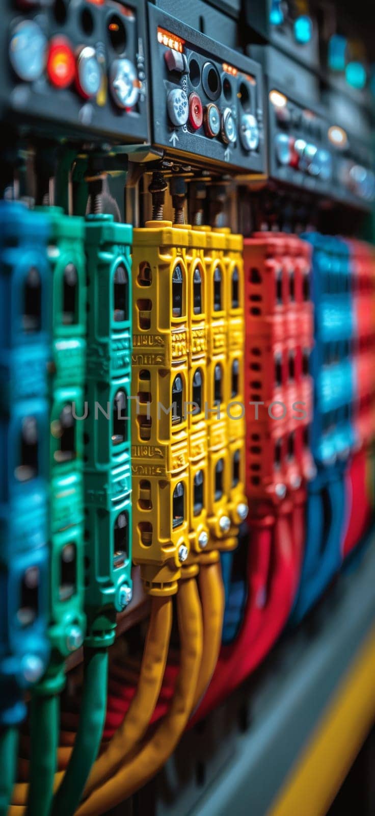 A dazzling row of multicolored electrical equipment lines the shelves of a high-tech store, ready for purchase or installation in a bustling data center. The vibrant hues of the technological devices stand out against the sleek, futuristic backdrop.