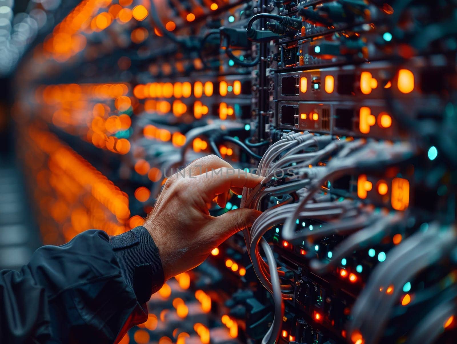 A man wearing a technician jumpsuit is diligently working on a server in a dimly lit server room. Cables are neatly organized, and the server racks are buzzing with activity. The mans focused expression shows his expertise in managing the digital orchestra of the data center.