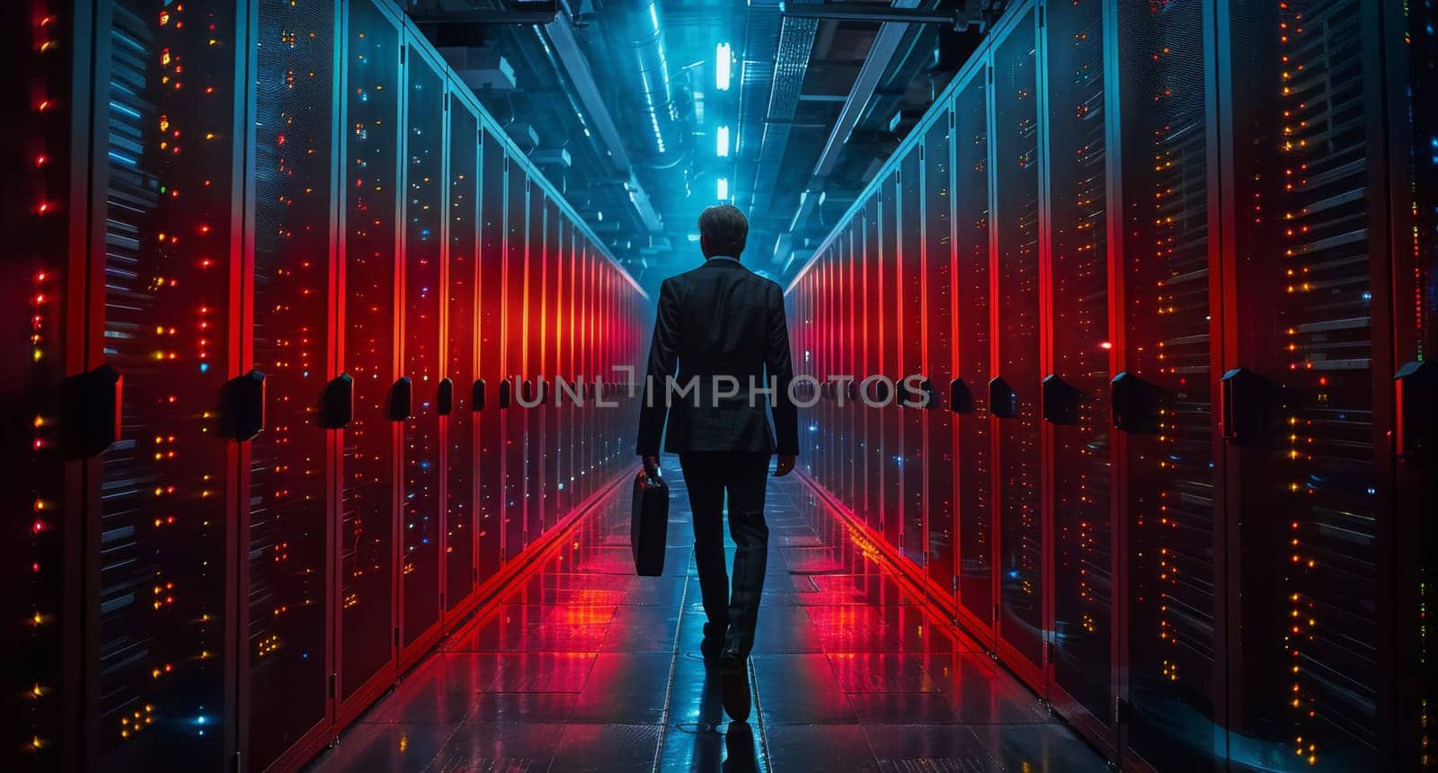 A man is walking down a long, well-lit hallway in a server room of a bustling data center. The hallway is lined with rows of servers and cables, creating a futuristic and high-tech atmosphere.
