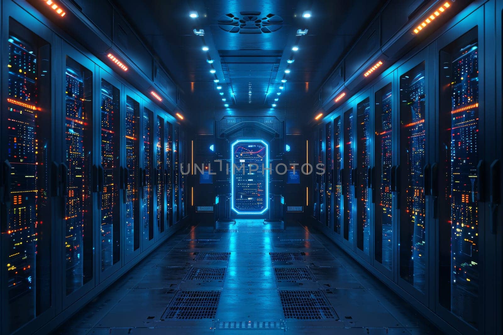 A long and narrow hallway fills the frame, lined with countless rows of gleaming servers, humming softly as they process and store massive amounts of digital information. The space is a bustling hive of activity, with technicians moving in and out, monitoring and maintaining the complex network of servers.