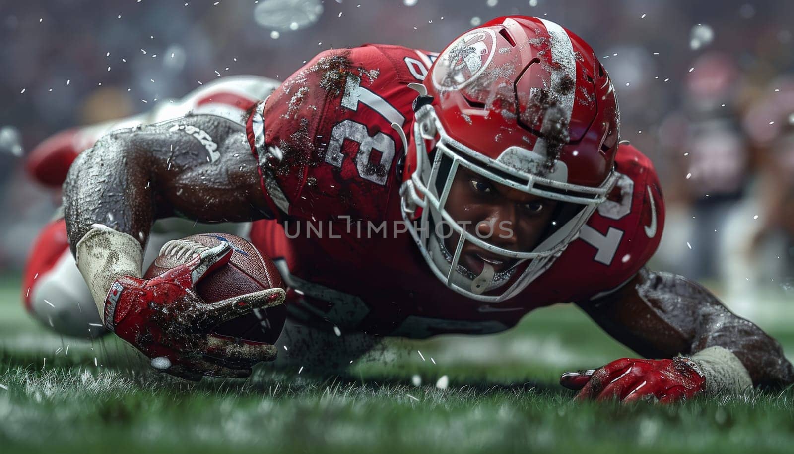 A football player, clad in a crimson jersey, dives to the ground with the ball clutched in his hands. The players face is visible through the helmet, a mix of focus and determination evident as he fights for every inch of the field. The backdrop features a blurred field and a sky filled with a flurry of snow, creating a captivating image of raw emotion and athleticism.