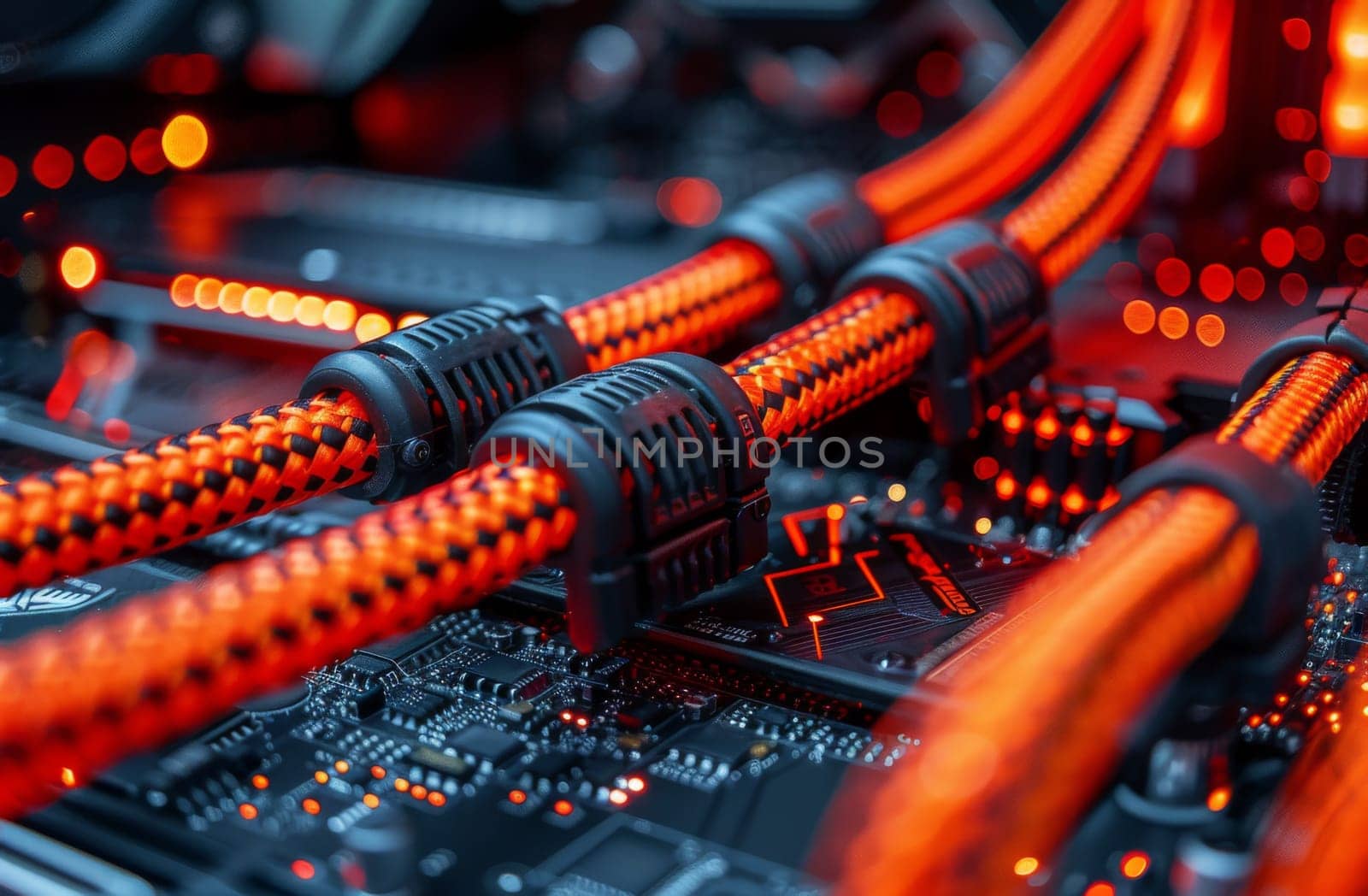 A detailed view of a computer motherboard, showcasing intricate circuitry and bright orange wires. The image highlights the complexity and precision of technology in a data center setting.