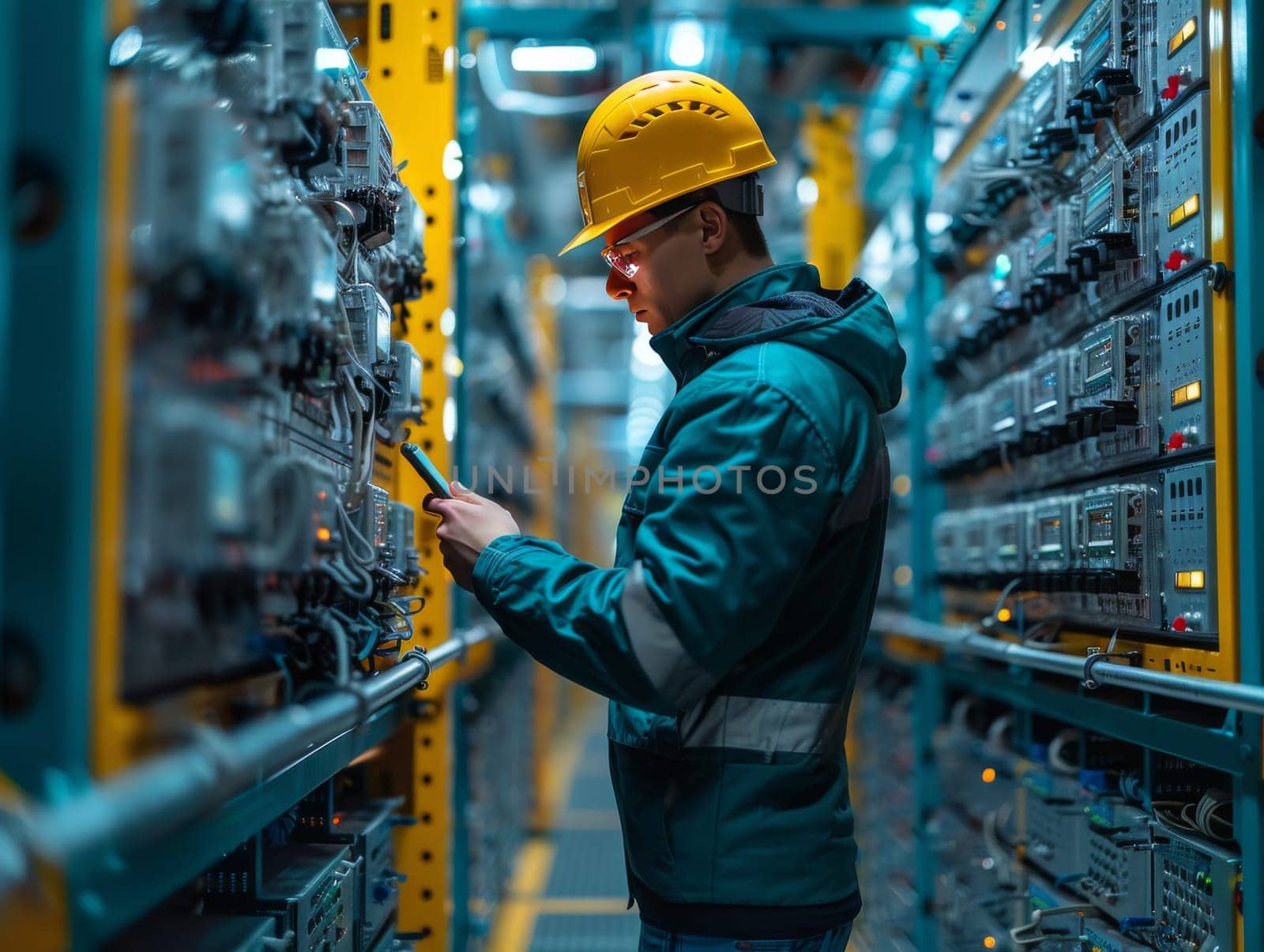 A skilled man in a hard hat is diligently working on a complex machine in a bustling data center. Sparks fly as he carefully manipulates the equipment, ensuring optimal performance for the digital infrastructure.