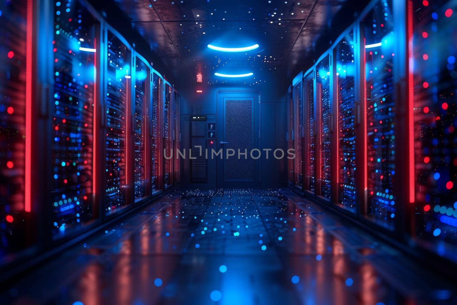 A long hallway with rows of red and blue lights illuminating the way, casting a vibrant and futuristic glow. The corridor stretches far into the distance, leading to an unknown destination. The lights create a sense of depth and dimension, adding a sense of mystery to the scene.