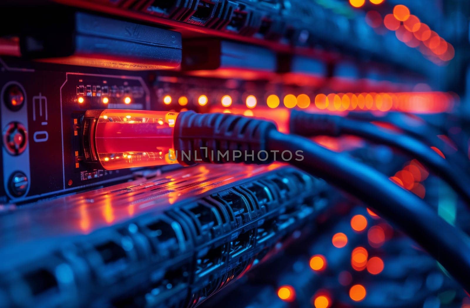 Within the bustling data center, a close-up view reveals a complex network of wires intertwining and connecting with precision. The intricate web of cables is essential for transmitting and processing data efficiently, showcasing the intricate dance of technology within the digital realm.