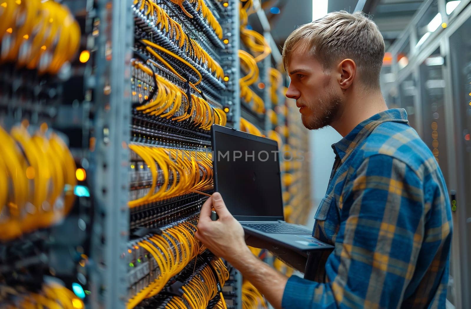 A man with focused determination works on a laptop amidst the hum of servers in a data center, surrounded by a labyrinth of cables and blinking lights.