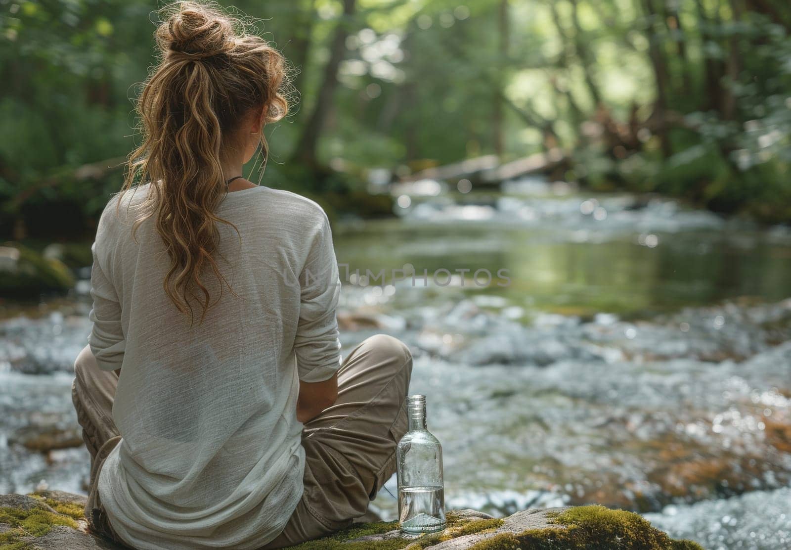 A young woman sits on a mossy rock beside a flowing river, gazing out at the water. Her long hair is tied up in a messy bun, and she is wearing a white shirt and khaki pants. The scene is serene and peaceful, suggesting a moment of solitude and contemplation.
