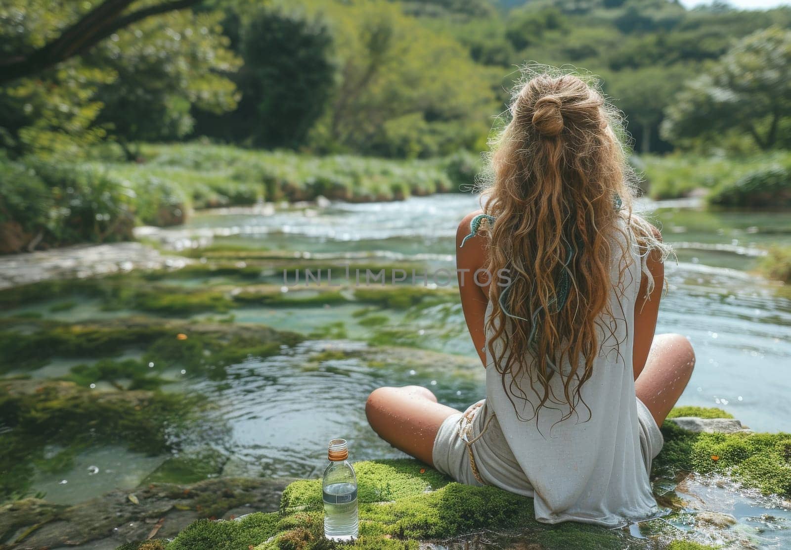 A young woman with long, curly hair sits barefoot on a moss-covered rock beside a clear, flowing river. She is wearing a white shirt and gazing thoughtfully at the water, seemingly lost in contemplation. The lush green foliage surrounding the river creates a tranquil and serene atmosphere.