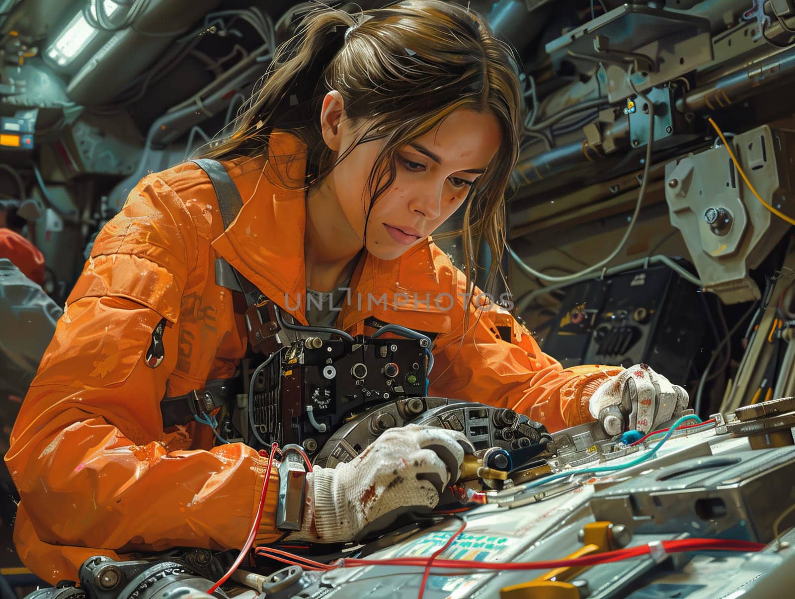 A woman in an orange jacket is focused on operating a machine in a bustling data center. Her hands are busy as she works on the intricate mechanisms.